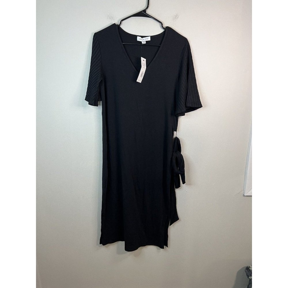 Amour Vert Mizu Dress Knit Midi V-Neck Tie Wrap Black Lg NEW with tags